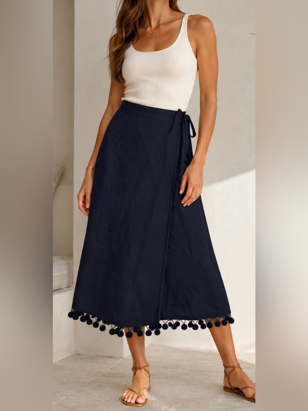 ZARA Woman Navy Wrap Midi Skirt Pom Pom Hem Ramie Cotton Side Tie Size M